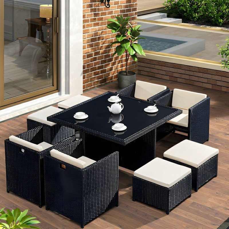 "Stylish Weatherproof Glass-top Patio Dining Set with Upholstered Chairs - Table & Chair(s) 47.2"L x 23.6"W x 28.7"H 2 Black"