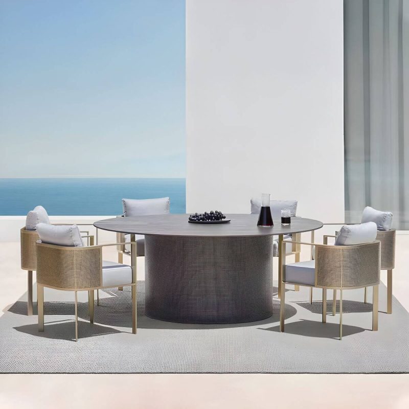 "Modern Gold Metal Arm Chair for Patio Dining with Rust Resistant Features and Brown Upholstery - Brown 6 Piece Set"