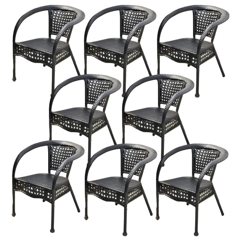 "Modern Stackable Arm Chair with Black Wicker Frame and Back for Outdoor Dining - 8 Piece Set"