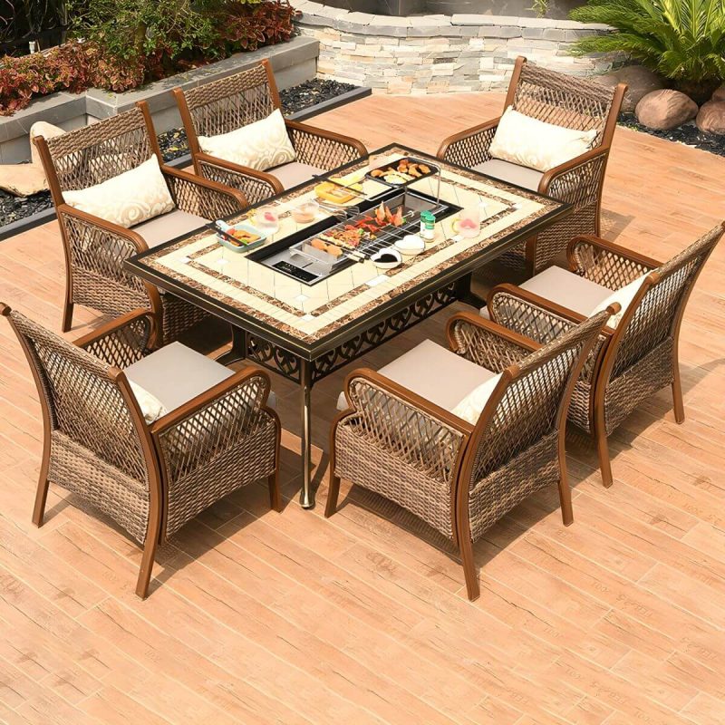 "Traditional Brown Wicker Arm Chair with Metal Legs for Patio Dining - Rust Resistant - 8 Piece Set"