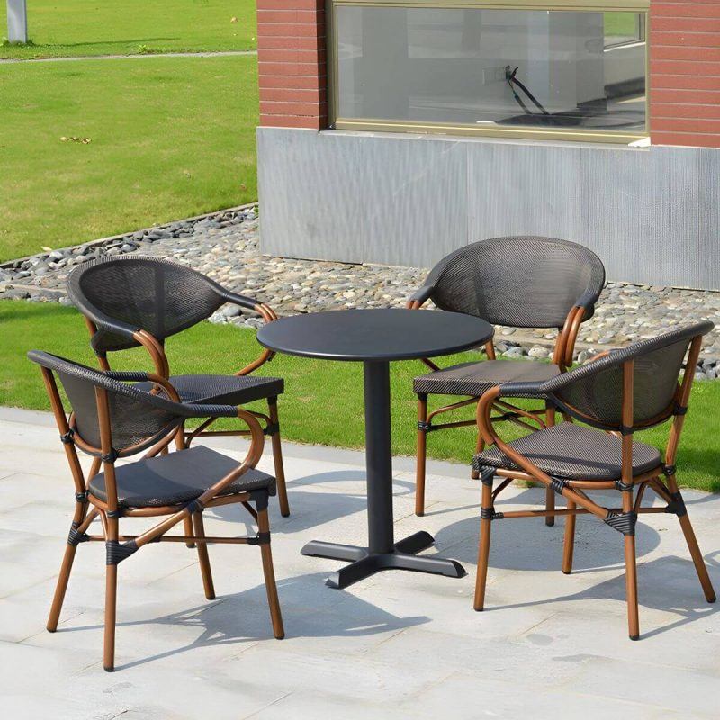 "Modern Brown Wicker/Rattan Patio Dining Set with Stackable Chairs, Metal Table Base - Table & Chair(s) 28"L x 28"W x 29"H 4"