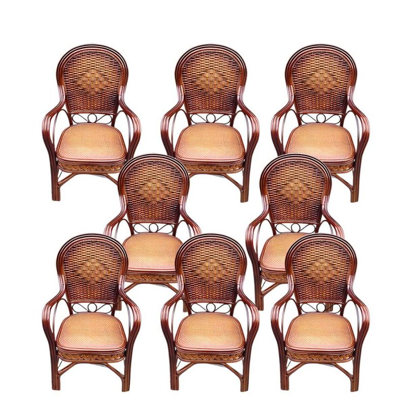 "Traditional Patio Dining Armchair in Rattan Single Outdoor Chair - Dark Coffee Rattan Weaving 8 Piece Set"