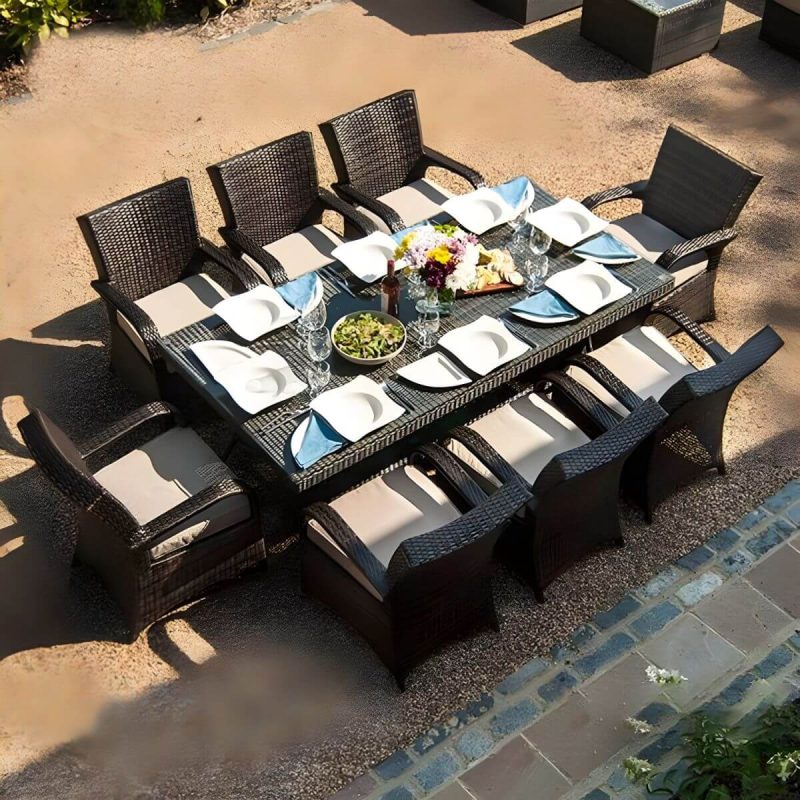 "Glass Brown Dining Table Set with Rattan Chairs for Courtyard - Table & Chair(s) 78.7"L x 31.5"W x 27.5"H 8 Coffee"