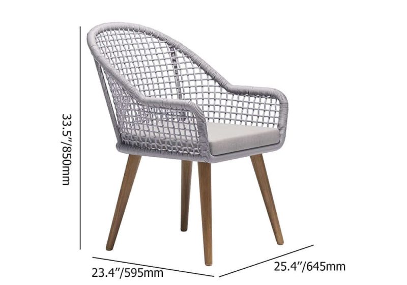 "Dimension of 7 Pieces Teak Round Outdoor Concrete Dining Set with Gray Table Woven Armchair 6-Person"