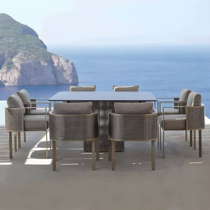 "Modern Gold Metal Arm Chair for Patio Dining with Rust Resistant Features and Brown Upholstery - Dark Gray 8 Piece Set"