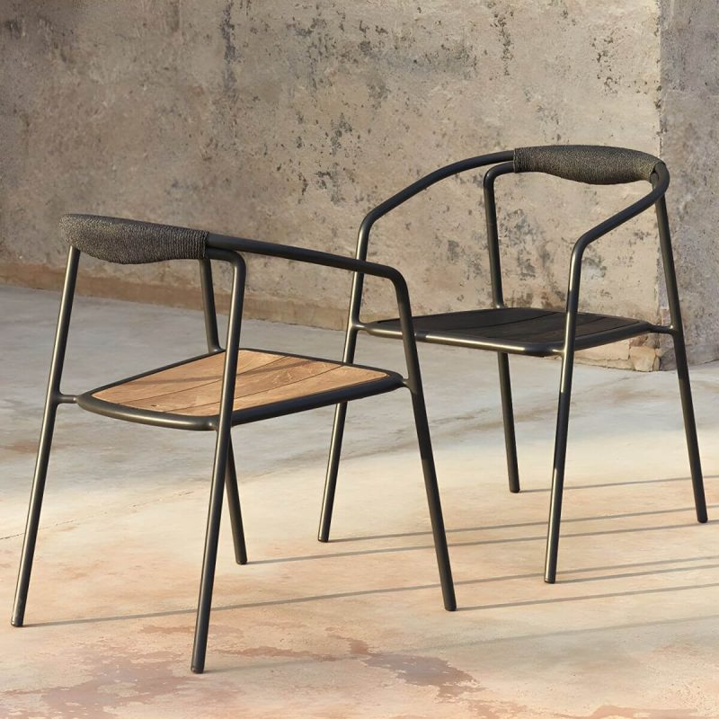 "Farmhouse Aluminum With Arm Open Back Stacking Patio Dining Chair - 4 Piece Set Matte Black Rope"