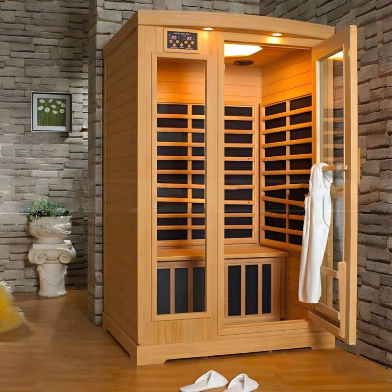 "1 Seat Hemlock FAR Infrared Sauna with LED Lighting, Bluetooth, and Adjustable Temperature - Brown 35"L x 35"W x 75"H"