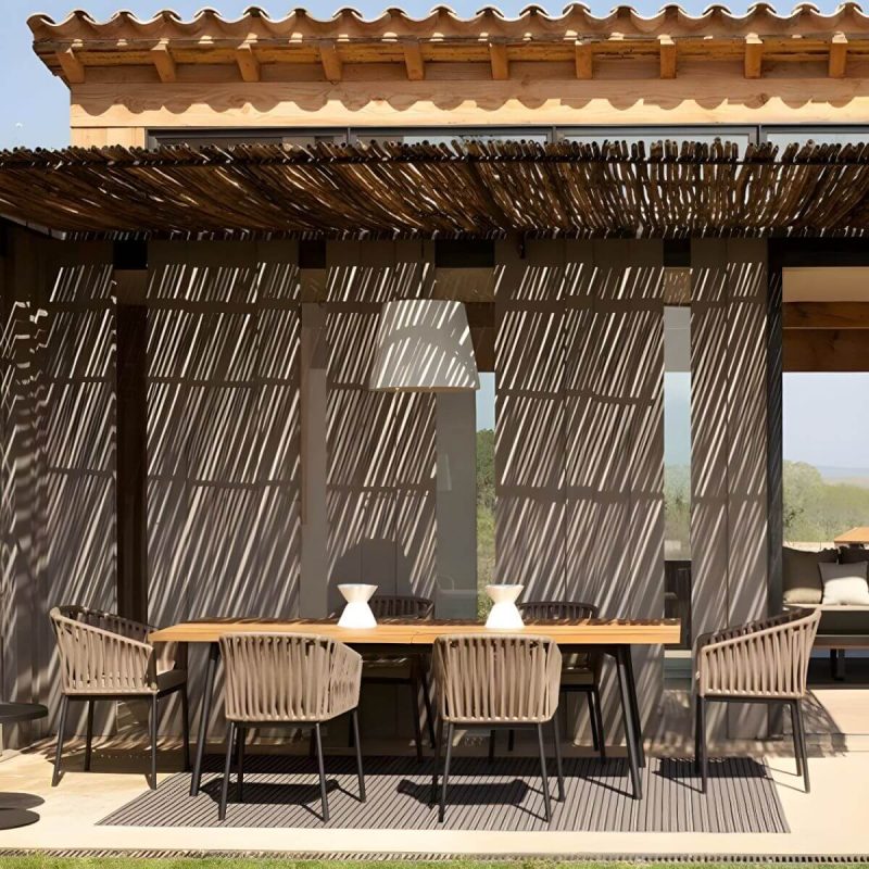 "Modern Metal Arm Chair with Brown Wicker Back and Rust-Resistant Steel Frame for Patio Dining - 4 Piece Set"