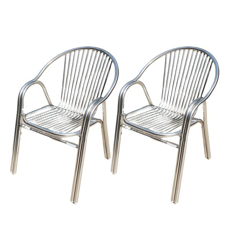 "Silver Modern Armchair Metal Stacking Dining Chairs with Arm - Silver 2 Piece Set"