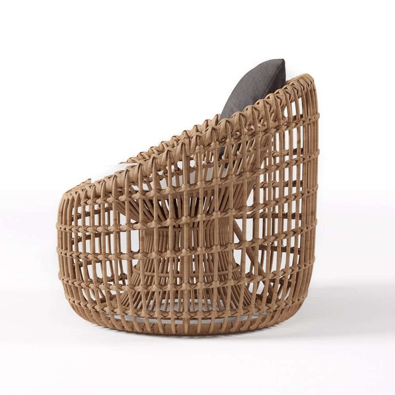 "Austen Rattan Outdoor Barrel Chair Nest Shape Sidechair with Cushion in Brown"