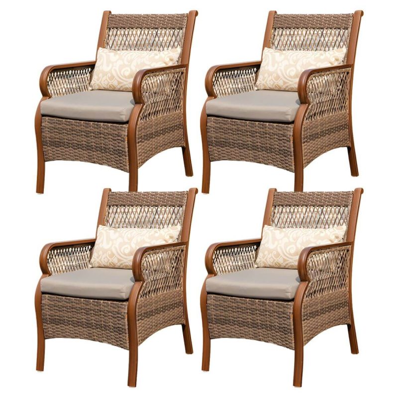 "Traditional Brown Wicker Arm Chair with Metal Legs for Patio Dining - Rust Resistant - 4 Piece Set"