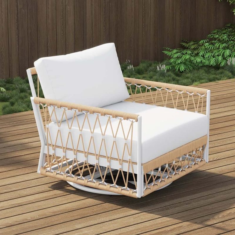 "Ropipe Outdoor Swivel Chair with Hand Woven Rope in Khaki & White"
