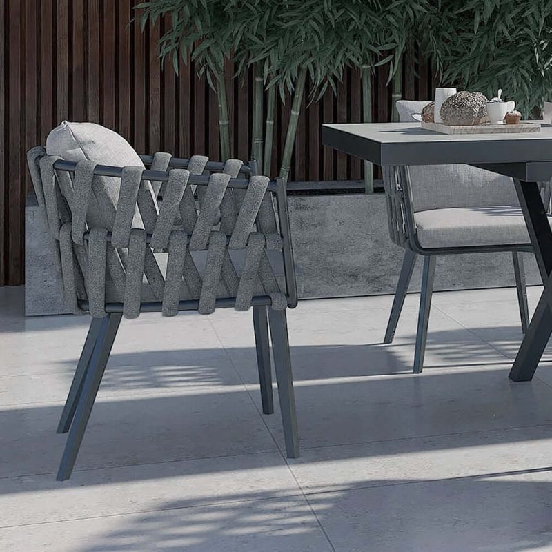 "Set of 2 Hand Woven Rope Outdoor Patio Dining Chair with Cushions in Gray"