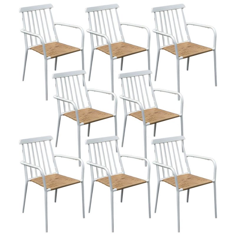"Tropical Metal Arm Chair with Corrosion Resistant Construction for Outdoor Dining - White 8 Piece Set"