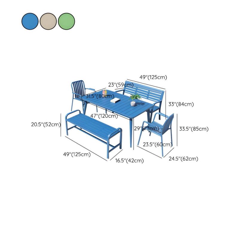 "Dimension of Sleek Metal Outdoor Dining Set Rectangular Table with 2 Stylish Benches - Table & 2 Chairs & 2 Benches 47"L x 31"W x 29"H Green"