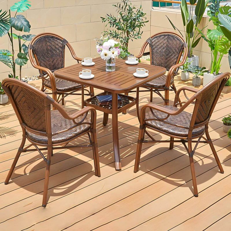 "Traditional Brown Metal Patio Dining Set with Rectangular Table - Table & 4 Chairs 31.5"L x 31.5"W x 28.7"H"