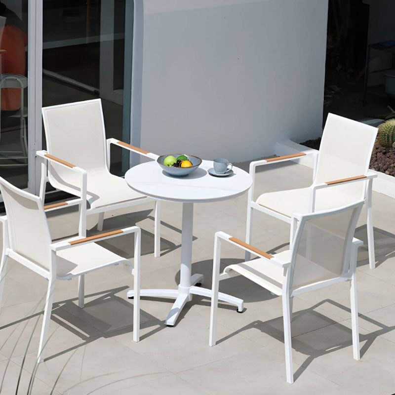"Modern Outdoor Patio Table UV Resistant Dining Table with Metal Frame - Table Only 27.6"L x 27.6"W x 28.7"H Natural Finish Round"