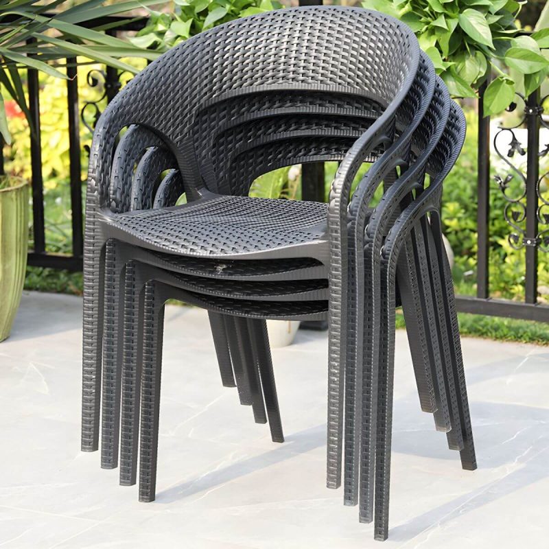 "Black Plastic Outdoor Chair Tropical Dining Armchair Stacking Armchair - 2 Piece Set"