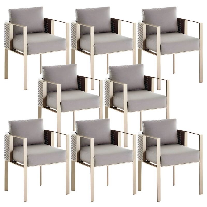 "Modern Gold Metal Arm Chair for Patio Dining with Rust Resistant Features and Brown Upholstery - Brown 8 Piece Set"
