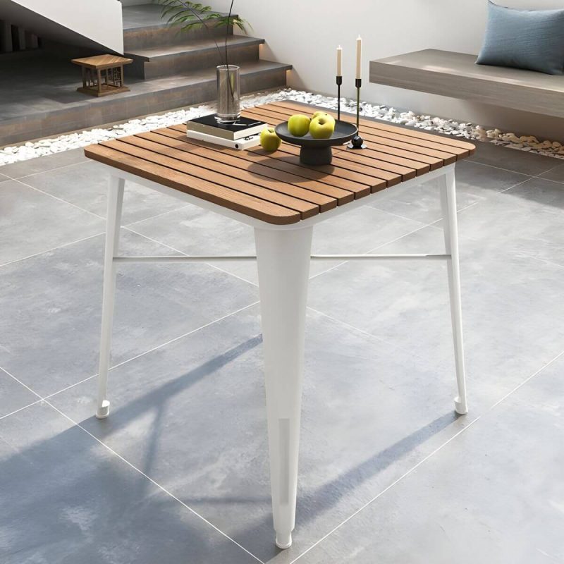 "Contemporary Style Wood Patio Table Rectangle Shape with Metal Legs in White/Black - Table Only 27.6"L x 27.6"W x 29.5"H White"