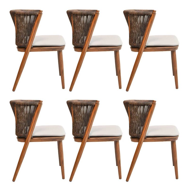 "Coastal Aluminum Arm Chair with Brown Wicker Back and Beige Cushions for Patio Dining - Dark Brown 6 Piece Set"
