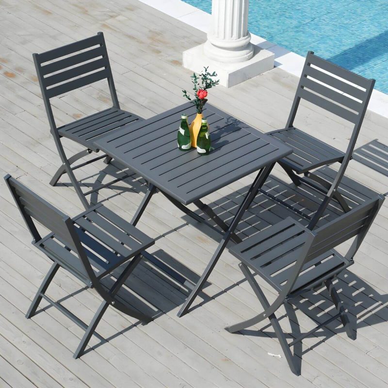 "Metal Modern Folding Patio Dining Set with Strap Back Chairs - Table & Chair(s) 27.6"L x 27.6"W x 28.5"H 2 White"