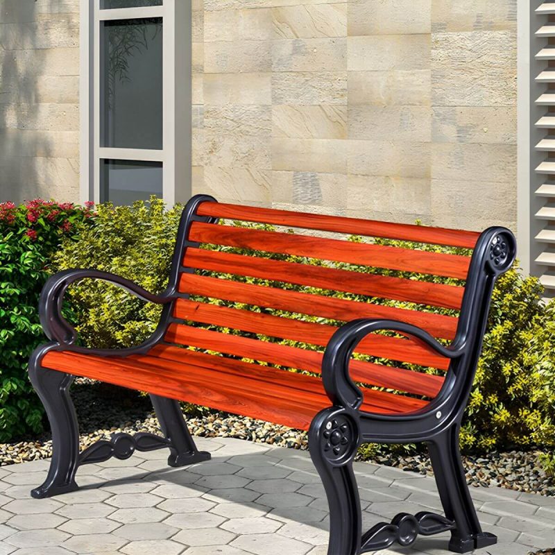 "Wood and Metal Outdoor Bench Mid-Century Modern Outdoor Picnic Bench - 59"L x 25"W x 32"H Orange Red"