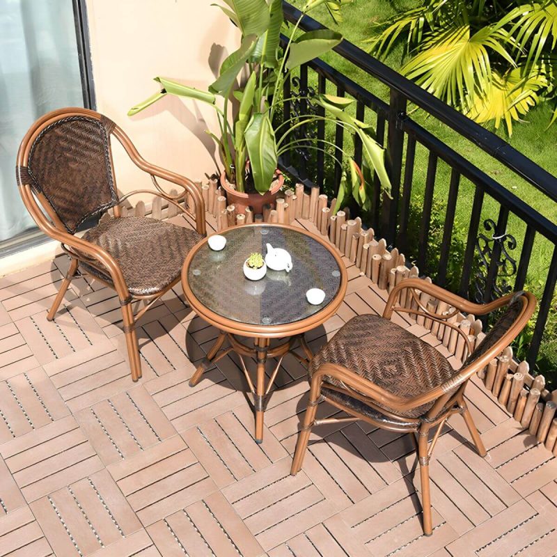 "Contemporary Brown Dining Table Set 2 Woven Chairs for Courtyard - Table & Chair(s) 2 Brown"
