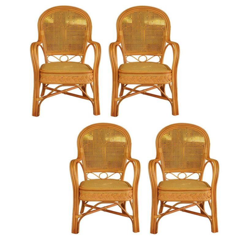 "Traditional Patio Dining Armchair in Rattan Single Outdoor Chair - Yellow Rattan Weaving 4 Piece Set"