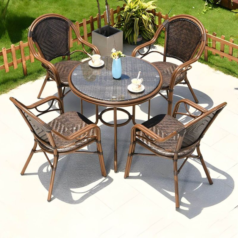 "Contemporary Dining Table Set with Brown Woven Chair for Courtyard - Table & Chair(s) 31.5"L x 31.5"W x 28.7"H 4"