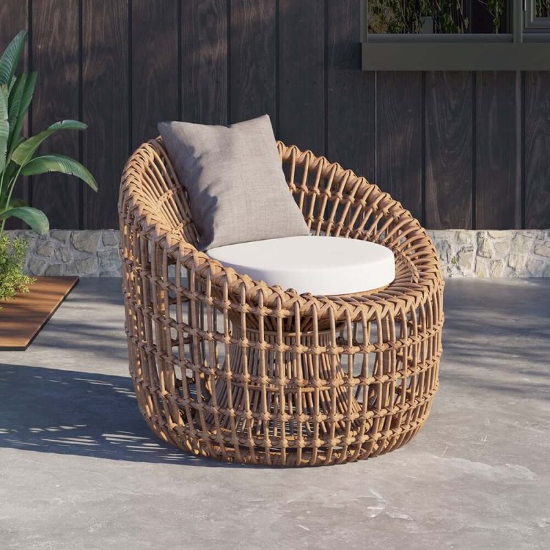 "Austen Rattan Outdoor Barrel Chair Nest Shape Sidechair with Cushion in Brown"