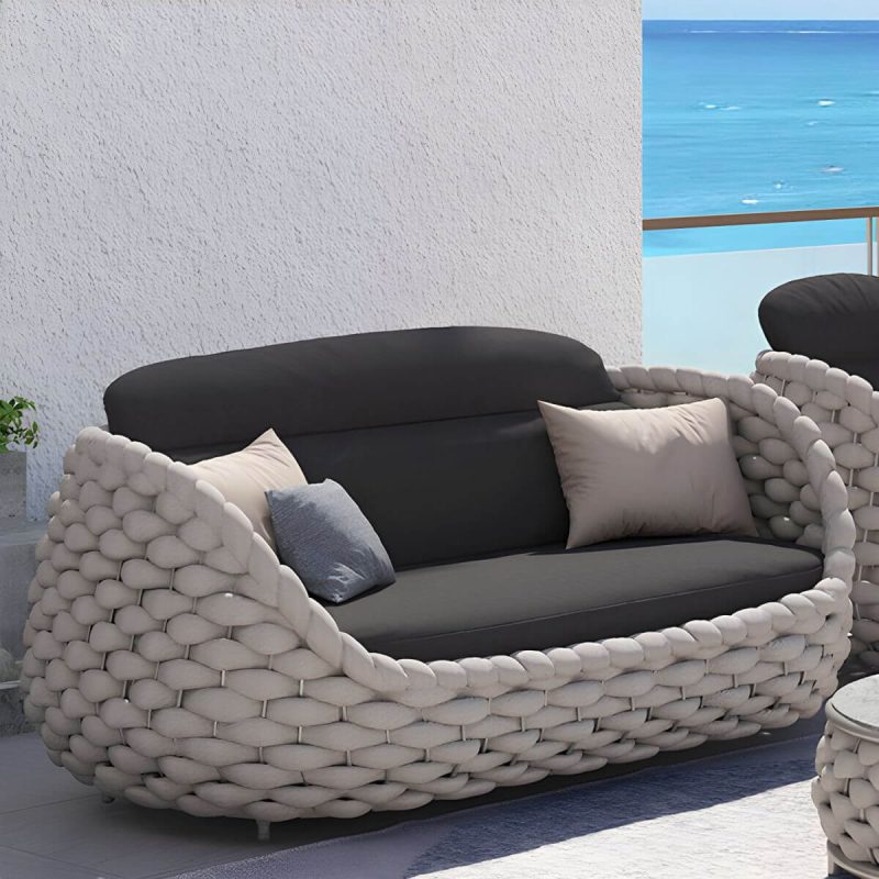 "Tropical Outdoor Patio Sofa Fabric White Gray With Cushions Wicker/Rattan - 59"L x 33"W x 28"H"