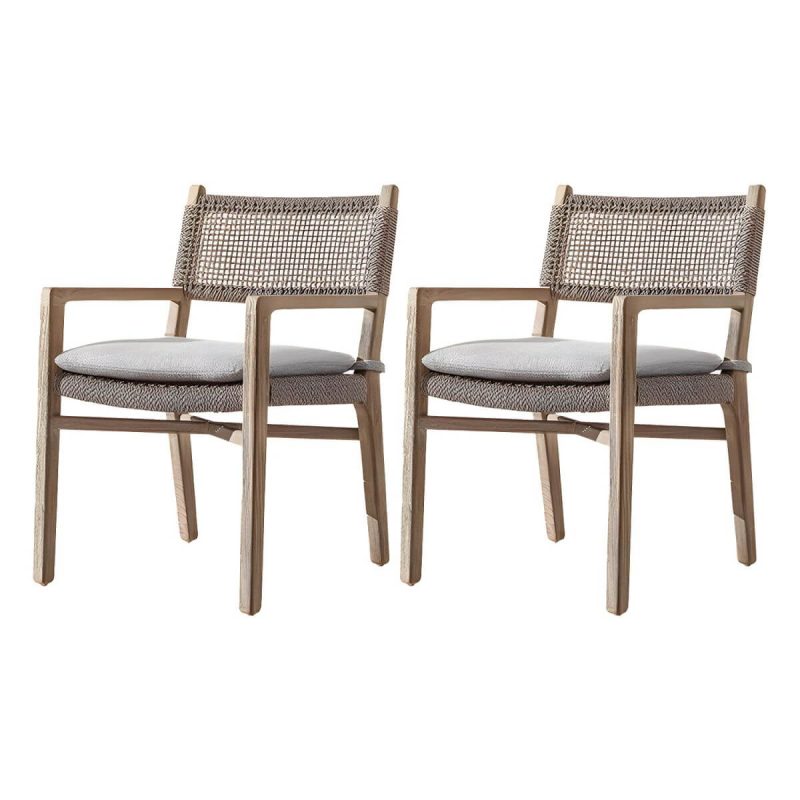 "Traditional Teak Natural Solid Wood Stacking Upholstered Outdoor Bistro Chairs - 2 Piece Set With Arms 45 Density Foam"