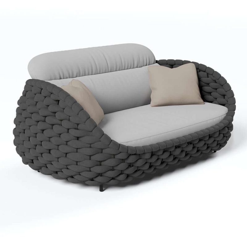 "Tatta 2-Seater Woven Rope Outdoor Sofa Patio Loveseat Removable Cushion Gray & Black"