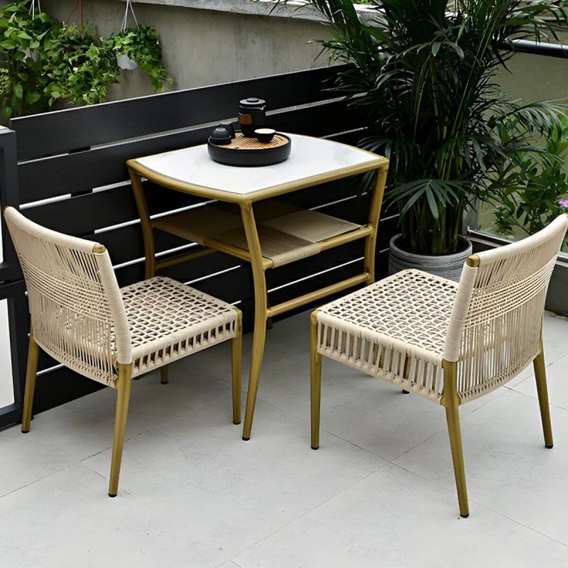 "Contemporary Dining Table Set with 2 Woven Chairs for Courtyard - Table & Chair(s) 2 Brown"