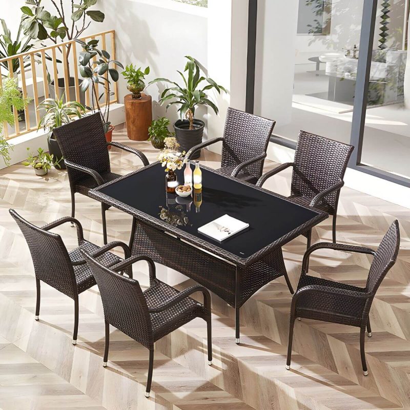 "Modern Style Dining Set Glass Top 5/7 Pieces Water Resistant Dining Set - Table & Chair(s) 4 Square Clear-Brown"