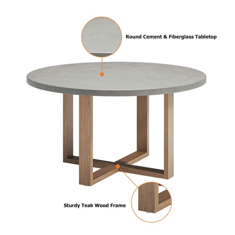"7 Pieces Teak Round Outdoor Concrete Dining Set with Gray Table Woven Armchair 6-Person"