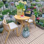 "Sun-resistant Fabric Round 3 Piece Set Natural Finish Outdoor Dining Set with Table and Chairs, Wood Color, Desk with 2 Chairs"