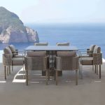 "Modern Gold Metal Arm Chair for Patio Dining with Rust Resistant Features and Brown Upholstery - Dark Gray 8 Piece Set"