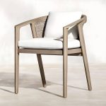 "Modern Brown Wood Side Chair with Wicker Back and Beige Cushions - 1 Piece With Arms"