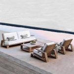 "Simplistic Cocoa Multi-seat Sofa White Canvas Uv Resistant Upholstered Back Sofa, Teak, 3-Seater Sofa"
