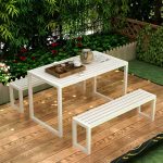 "Metal Modern Weatherproof Patio Dining Set with Stackable Chairs and Bench - Table & Bench(es) 2 White"