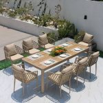 "Brown Wood Modern Patio Dining Table with Aluminum Frame - UV Resistant - Table Only 76"L x 35"W x 30"H"