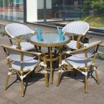 "Natural Wood Frame Modern Patio Dining Set 5 Piece Set Round Glass Table Top, Weather Resistant - Table & 4 Chairs"