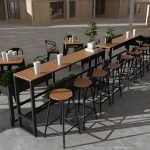 "Brown Faux Wood Bar Height Table Industrial Rectangle Patio Table - 63"L x 15.7"W x 41.3"H Table Only"