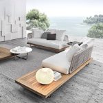 "Orange Linen Fabric Patio Sofa Seating Group with 3 Tables and 5-piece Set, 5-Piece Set (Corner Sofa & Chaise Lounge & 3 Coffee Tables)"