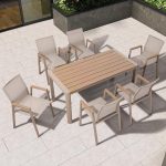 "Modern Simple Style Outdoor Dining Set with Cloth Seating, Unfinished Color, Anti-UV, 7-Piece Set, Beige, 63"L x 31.5"W x 29.5"H, Table & 6 Chairs"