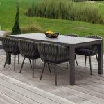 "Modern Gray Aluminum Arm Chair with Sling Back for Outdoor Dining - 6 Piece Set"