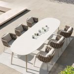 "7 Piece Set Trendy Weatherproof White Fabric Patio Dining Set with Chair & Table, Table & 6 Chairs, 78.7"L x 39.4"W x 29.5"H"