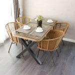 "Elegant Traditional Metal Patio Dining Set with Weatherproof Durability - Natural Table & 4 Chairs"